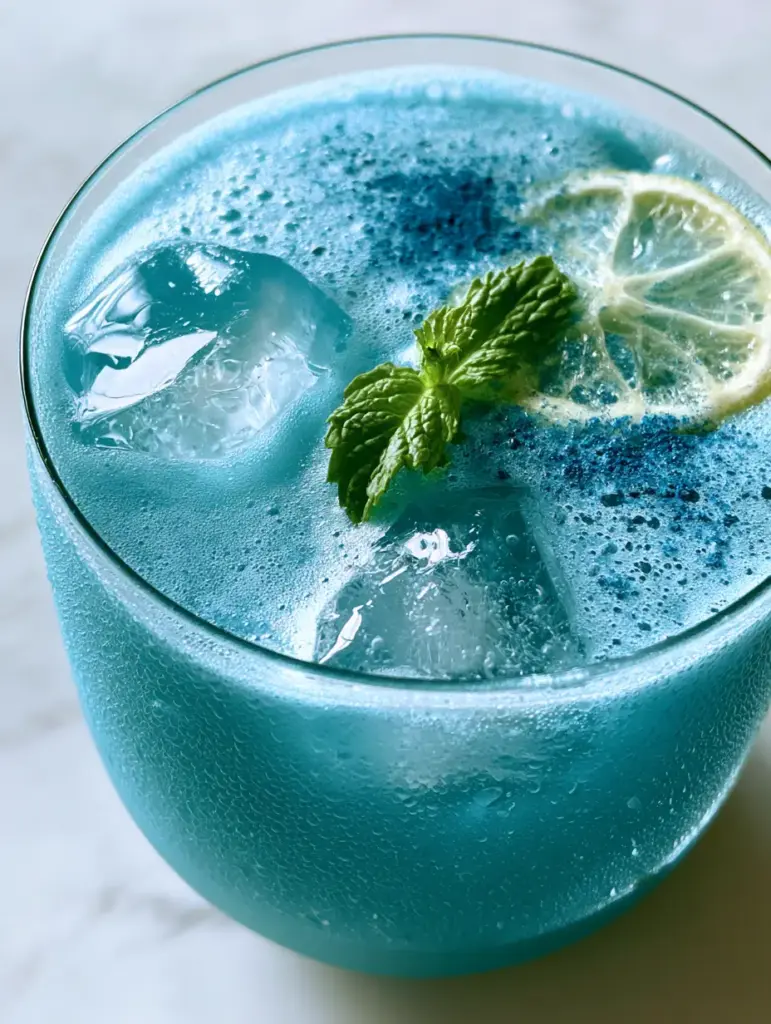Blue Superfood Juice: The Ultimate Electric Blue Spirulina Elixir Recipe 2 Detailed view of micro-bubbles and condensation on a glass of blue superfood juice.