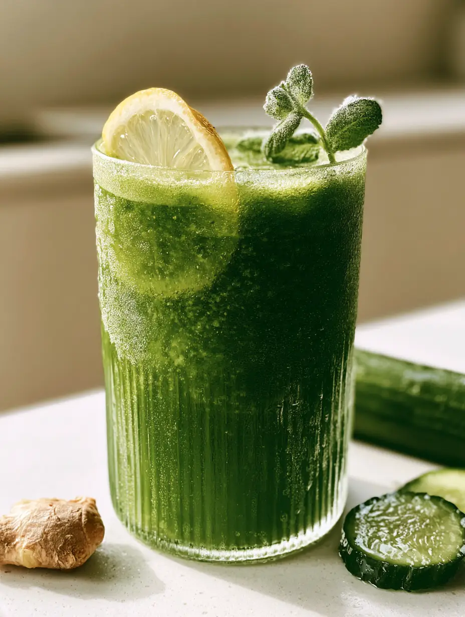 POV handheld photo of a tall ribbed glass filled with deep emerald green juice, lemon slice, and mint garnish. (glow-boosting juice recipes)