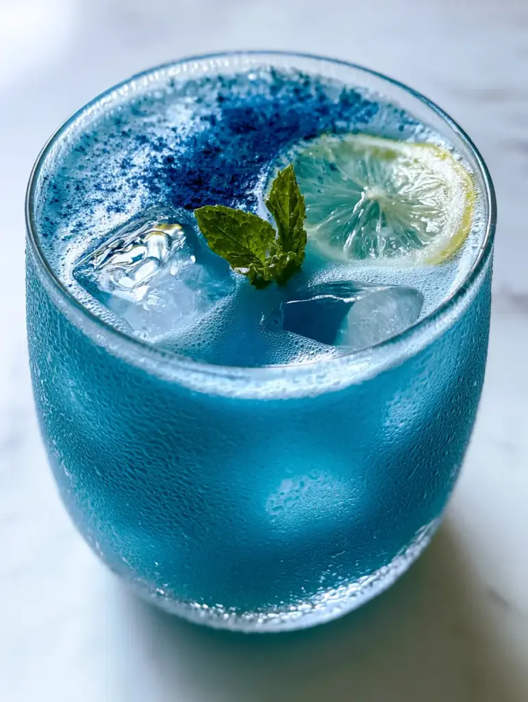 Blue Superfood Juice: The Ultimate Electric Blue Spirulina Elixir Recipe 1 Artisanal clear ice cubes submerged in vibrant blue superfood juice with a lemon wheel garnish.
