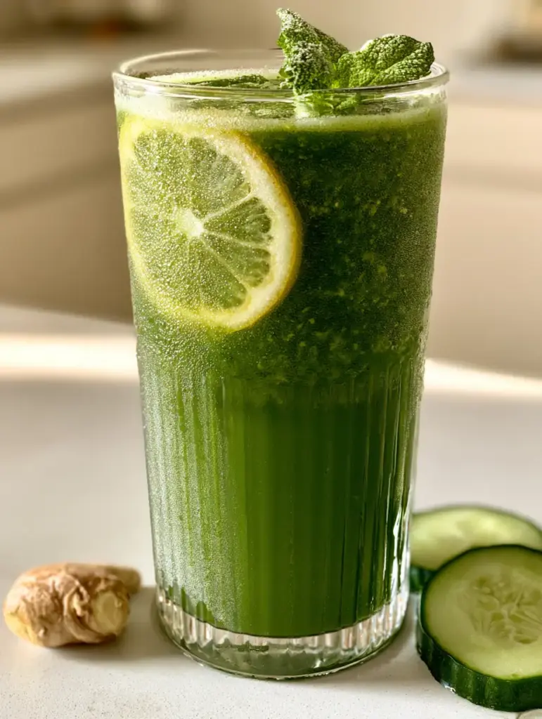 Cold-pressed green juice on a white micro-cement counter with raw ginger and cucumber slices. (glow-boosting juice recipes)