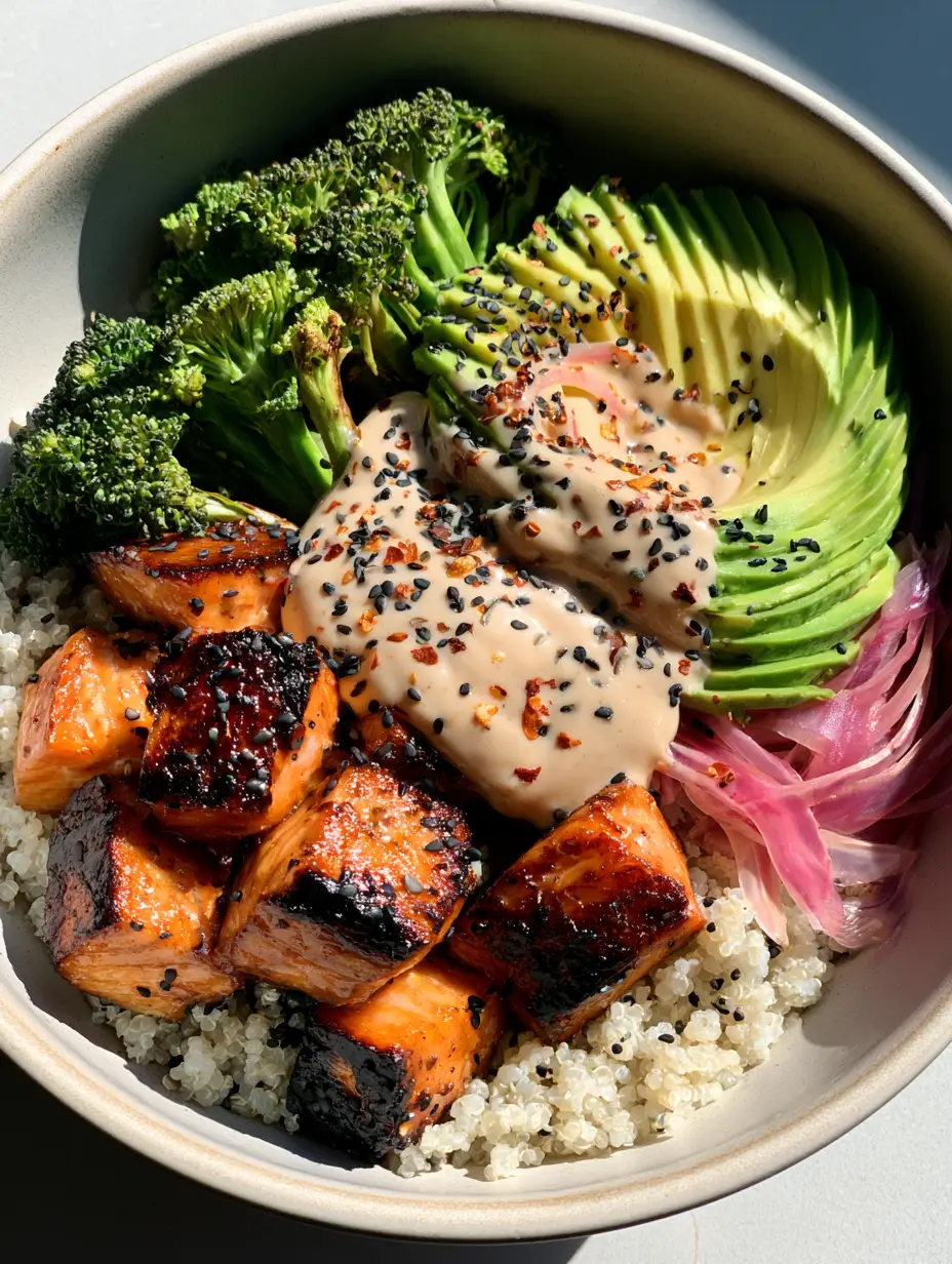 Healthy Foods: The Ultimate Honey-Glazed Salmon and Quinoa Bowl 4 A close up photo of vibrant healthy foods including charred salmon cubes and fanned avocado in a ceramic bowl. (Healthy Foods)