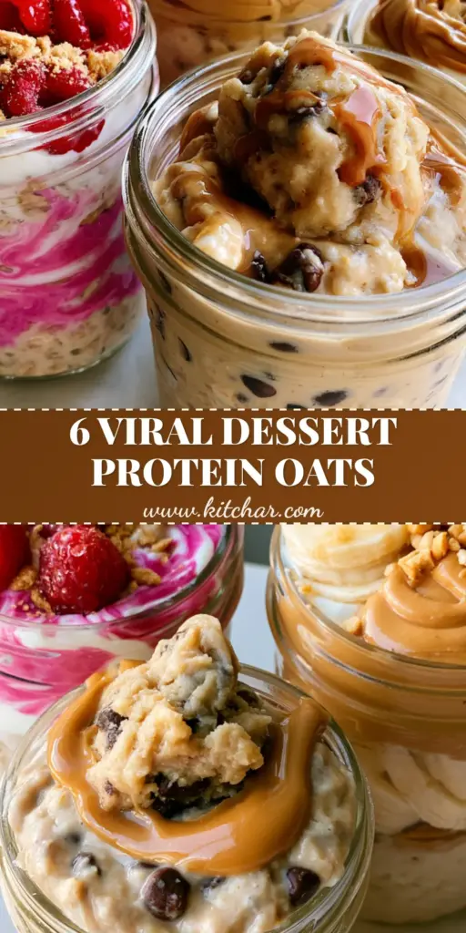 Three glass mason jars of gourmet overnight oats featuring cookie dough, berry cheesecake, and peanut butter banana flavors on a marble counter. (overnight oats)