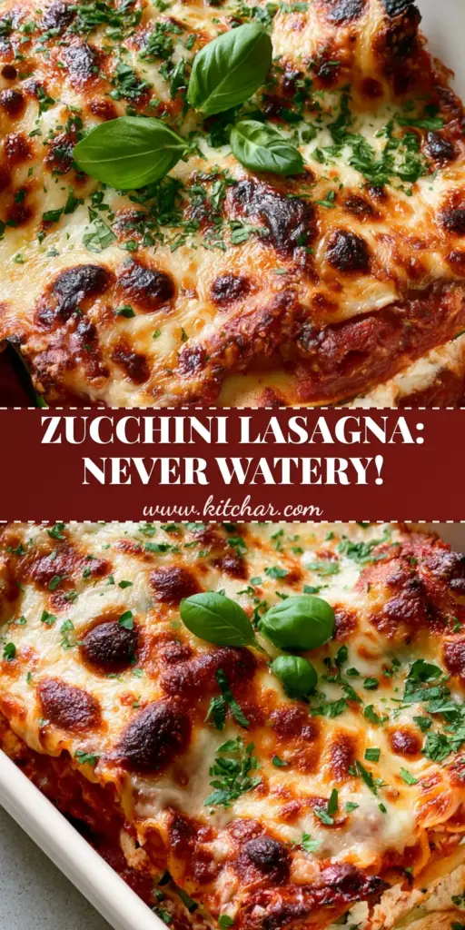 Zucchini Lasagna: The Ultimate Low-Carb Guide to a Perfectly Firm, Never-Watery Masterpiece 4 A close-up vertical overhead shot of a Zucchini Lasagna in a matte white dish with bubbly cheese, crispy edges, and fresh basil garnishes on a concrete background.
