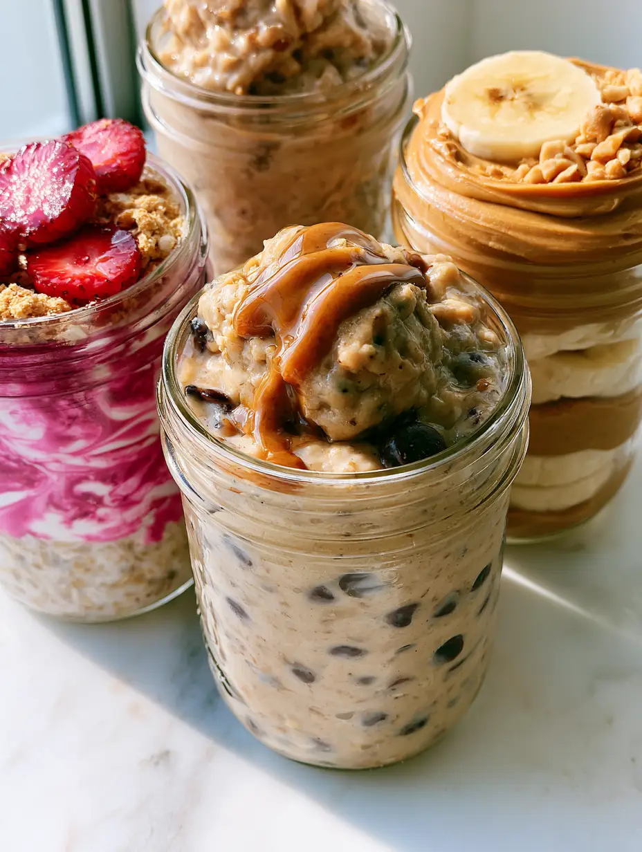 Close up of cookie dough overnight oats with mini chocolate chips and an almond butter drizzle in a glass jar. (overnight oats)