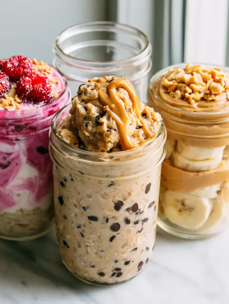 Berry cheesecake overnight oats with pink yogurt swirls, fresh raspberries, and graham cracker dust.
