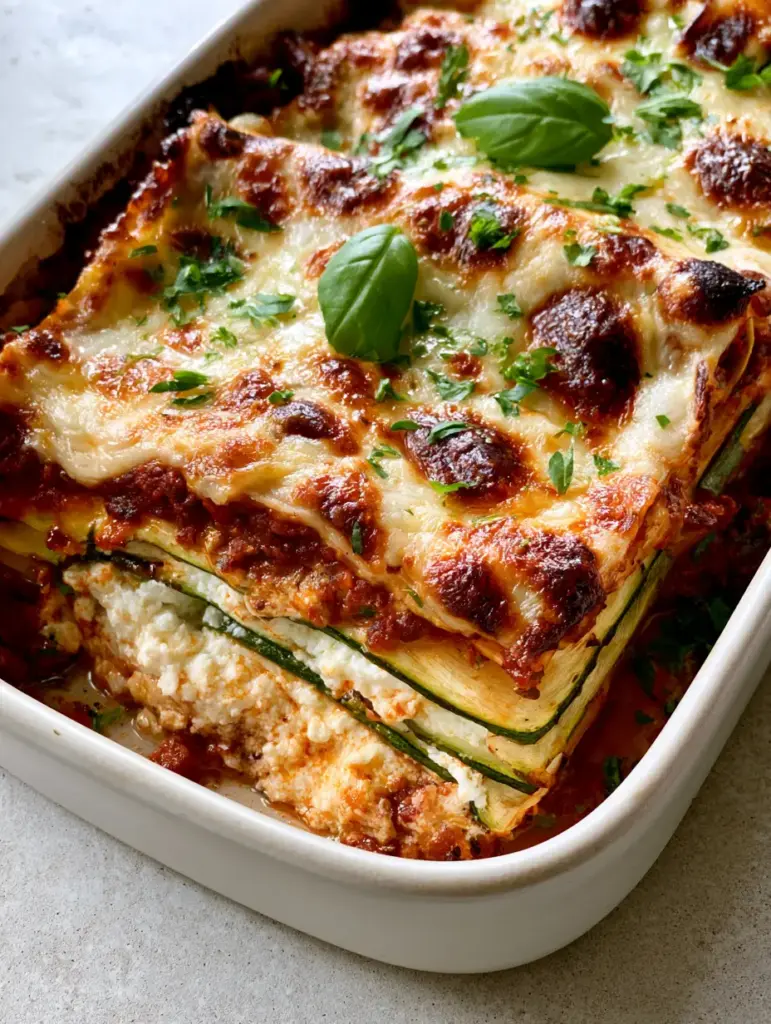 Zucchini Lasagna: The Ultimate Low-Carb Guide to a Perfectly Firm, Never-Watery Masterpiece 2 Handheld overhead photo of sliced Zucchini Lasagna showing firm layers of roasted zucchini and creamy ricotta.