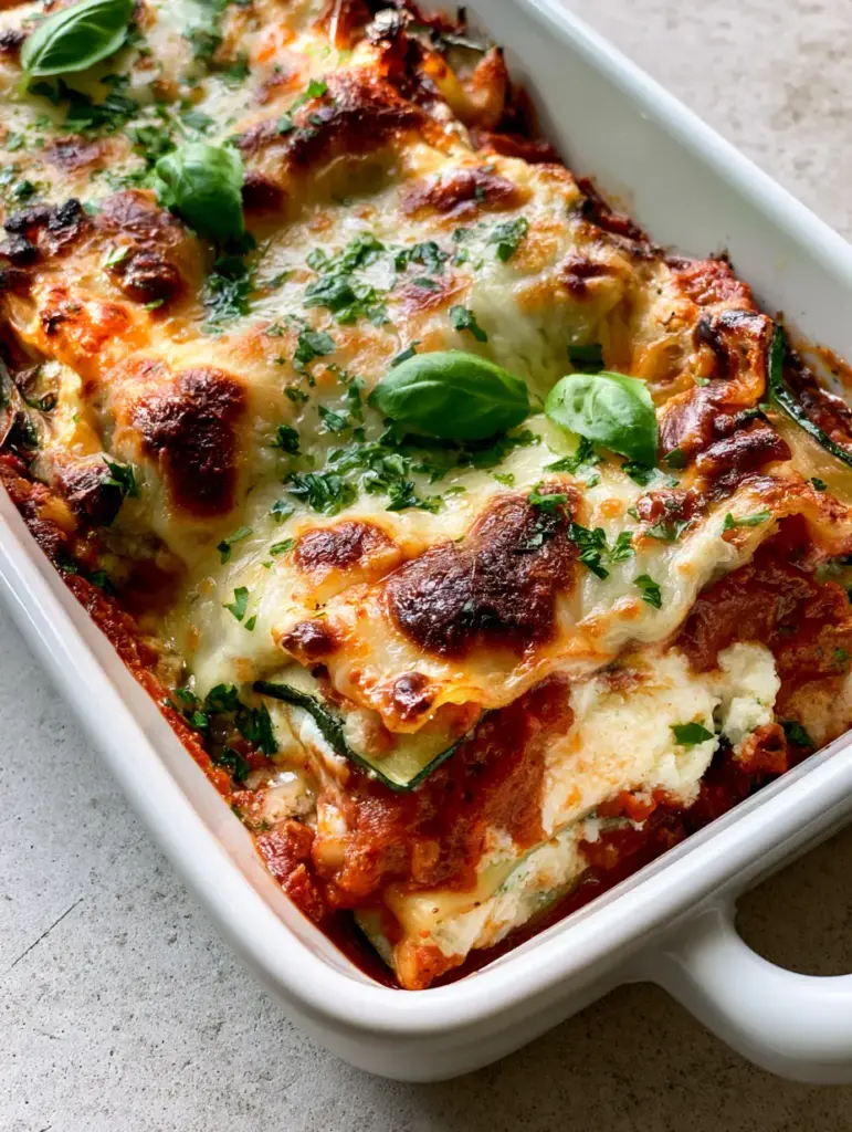 Zucchini Lasagna: The Ultimate Low-Carb Guide to a Perfectly Firm, Never-Watery Masterpiece 1 Side-angle view of a matte white dish holding Zucchini Lasagna with distinct golden charred cheese spots and whole basil leaves.