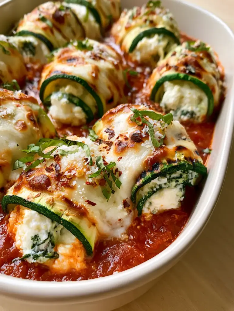 Zucchini Lasagna Roll Ups with Grilled Ribbons and Herb Ricotta 1 Handheld photo of zucchini lasagna roll ups in a white ceramic baking dish with toasted cheese.