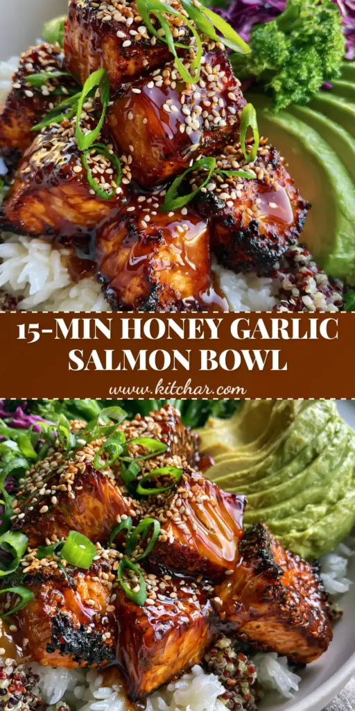 A professional flat-lay of a salmon avocado grain bowl featuring charred honey-garlic salmon cubes, fanned avocado, and vibrant emerald broccoli in a white ceramic bowl.
