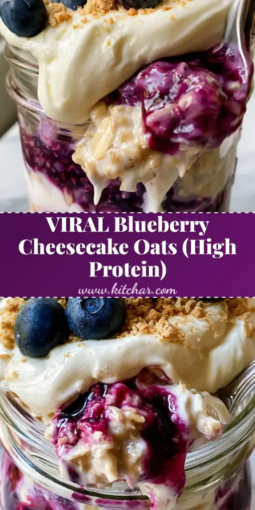 Blueberry Cheesecake Overnight Oats: The Ultimate Creamy Meal Prep Recipe 4 A handheld mason jar filled with layered blueberry cheesecake overnight oats featuring a purple jam swirl and graham cracker topping.