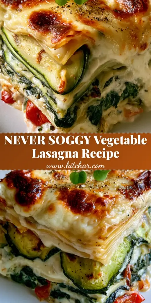 A thick, upright slice of vegetable lasagna on a white plate showing layers of charred zucchini, spinach, and bechamel. (vegetable lasagna)