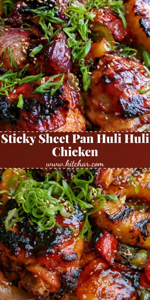 Baked Huli Huli Chicken with Caramelized Pineapple and Blistered Peppers 4 A rustic sheet pan featuring baked huli huli chicken with charred pineapple rings and blistered bell peppers over jasmine rice.