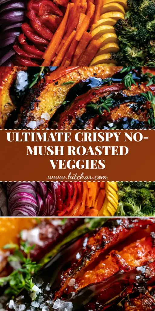 A vertical split-screen showing a raw rainbow vegetable flat-lay on the top and a macro close-up of the roasted vegetable recipe with glossy balsamic drizzle on the bottom.