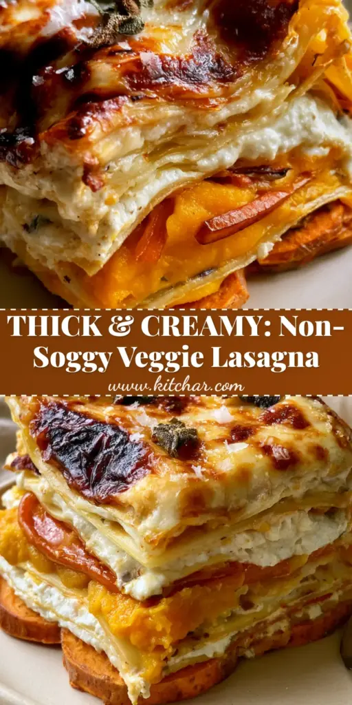 Sweet Potato Butternut Squash Carrot Lasagna with Crispy Fried Sage 4 A close-up vertical shot of a tall slice of Sweet Potato Butternut Squash Carrot Lasagna with charred mozzarella and crispy sage.