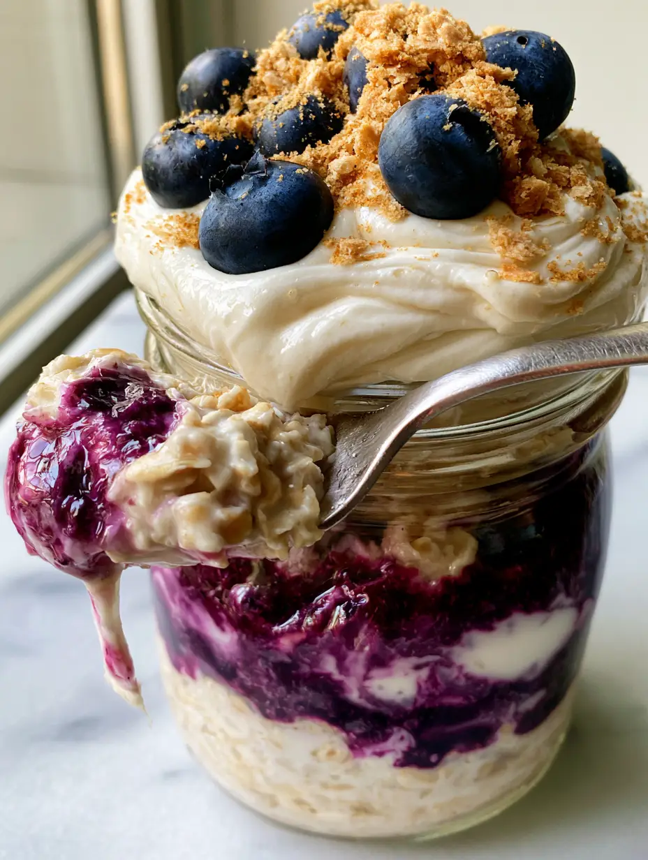 Blueberry Cheesecake Overnight Oats: The Ultimate Creamy Meal Prep Recipe 3 Close up of blueberry cheesecake overnight oats with visible vanilla bean flecks and glossy whole blueberries.