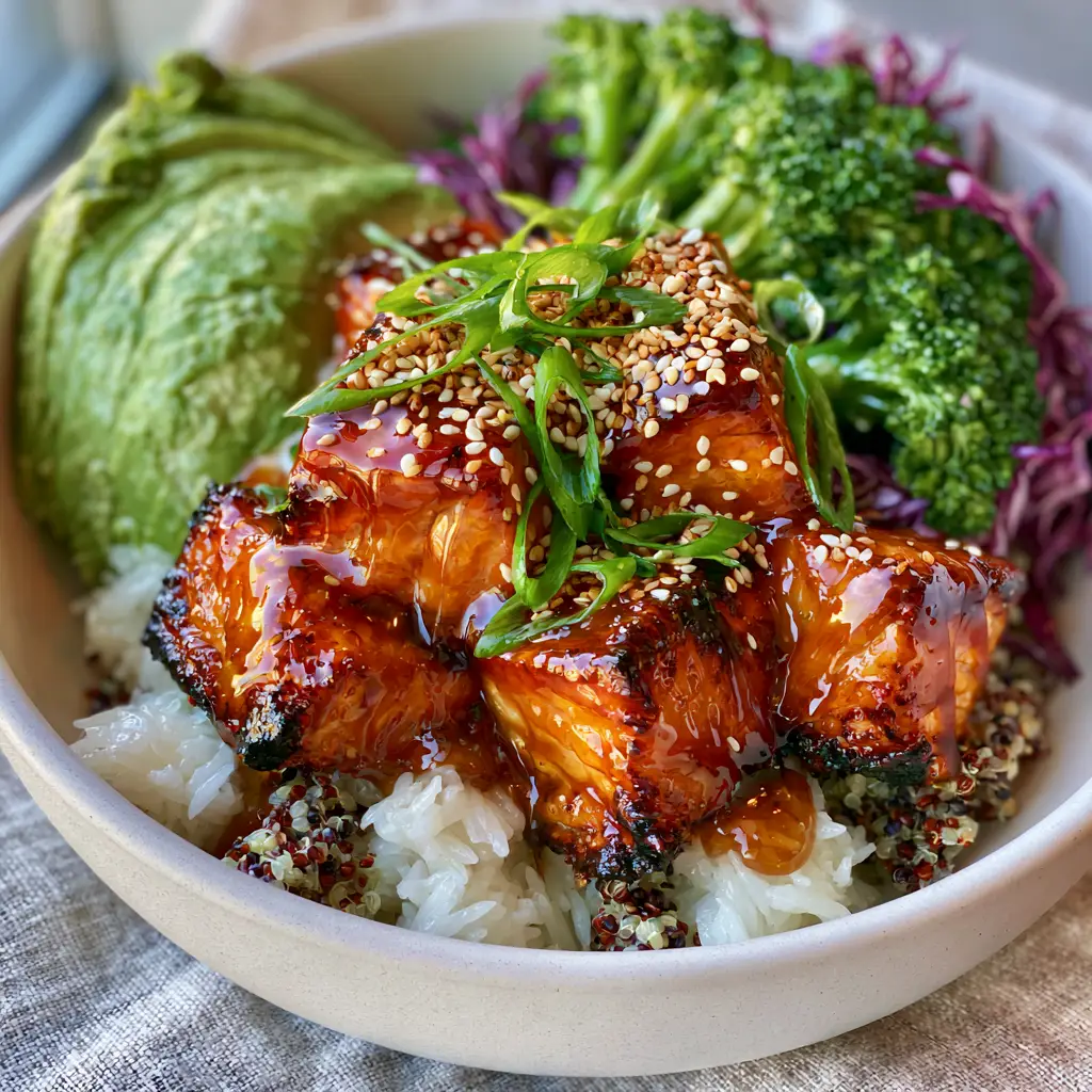 Close-up of charred honey-glazed salmon cubes next to a buttery green avocado fan in a salmon avocado grain bowl.