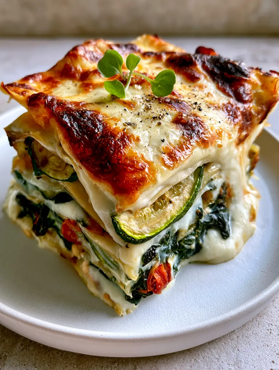 Close-up cross-section of vegetable lasagna with melted mozzarella and toasted parmesan bubbles. (vegetable lasagna)