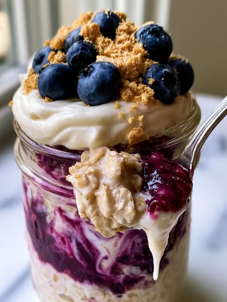 Blueberry Cheesecake Overnight Oats: The Ultimate Creamy Meal Prep Recipe 1 A silver spoon lifting a glob of purple-swirled blueberry cheesecake overnight oats from a mason jar.