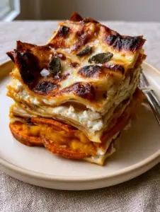 Cross-section of Sweet Potato Butternut Squash Carrot Lasagna showing distinct layers of orange vegetables and white ricotta. (Sweet Potato Butternut Squash Carrot Lasagna)