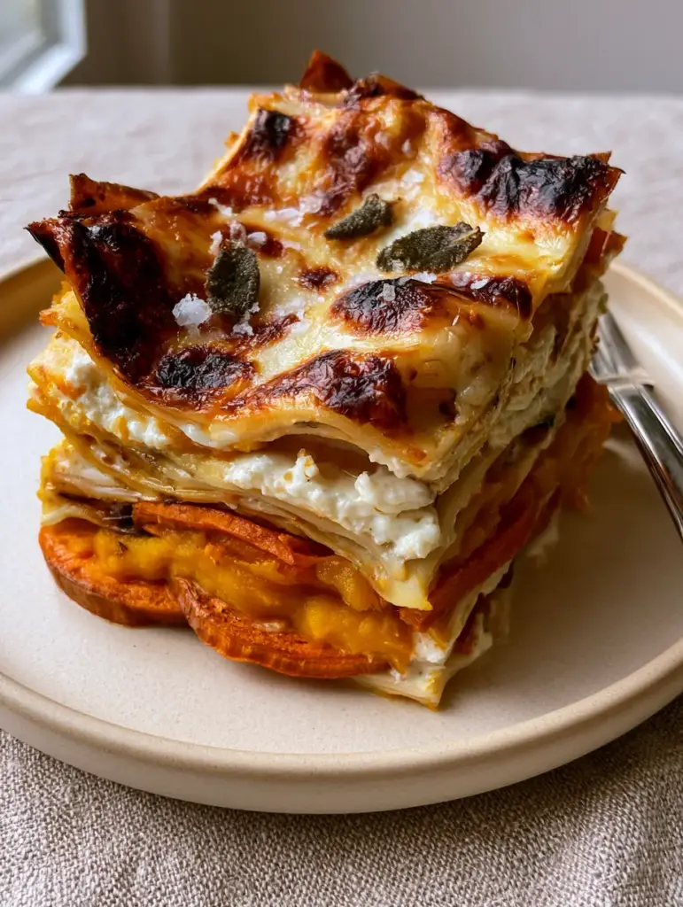 Sweet Potato Butternut Squash Carrot Lasagna with Crispy Fried Sage 2 Cross-section of Sweet Potato Butternut Squash Carrot Lasagna showing distinct layers of orange vegetables and white ricotta. (Sweet Potato Butternut Squash Carrot Lasagna)