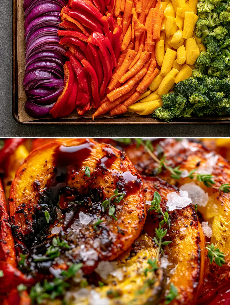 Top view of raw rainbow vegetables organized in arcs on a dark parchment-lined baking sheet. (roasted vegetable recipe)