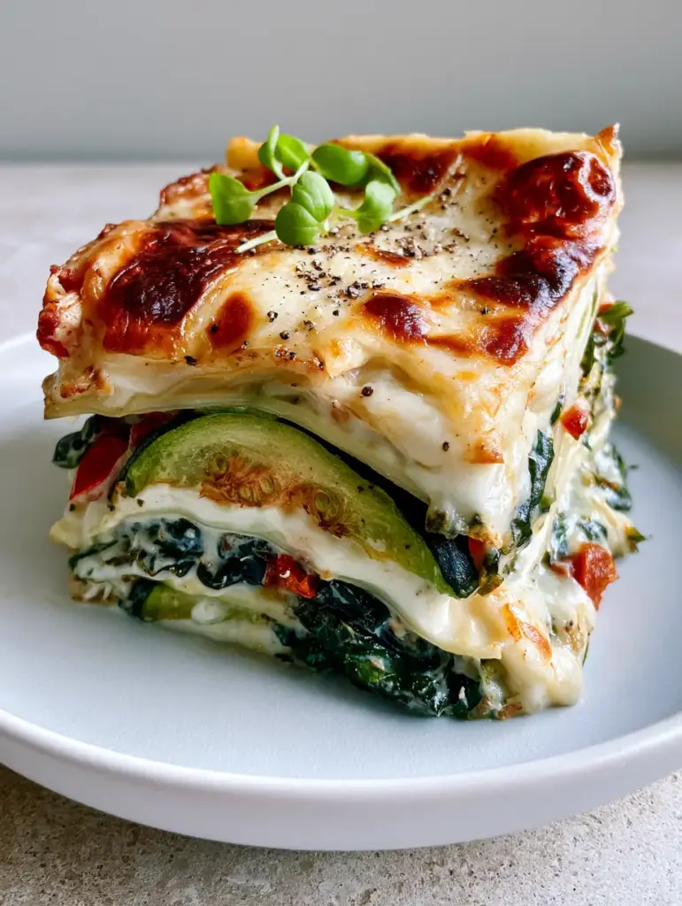 Top view of a vegetable lasagna with golden brown cheese bubbles and micro-basil garnish.