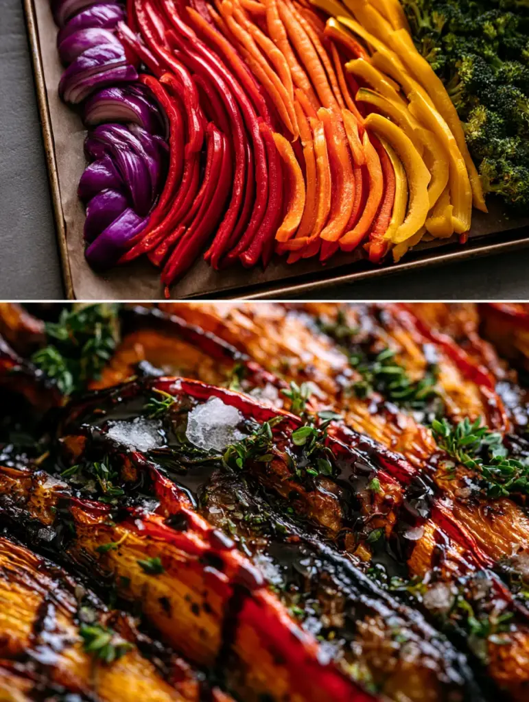 Close-up macro shot of roasted vegetables with deep golden caramelization, blistered peppers, and glossy balsamic glaze.