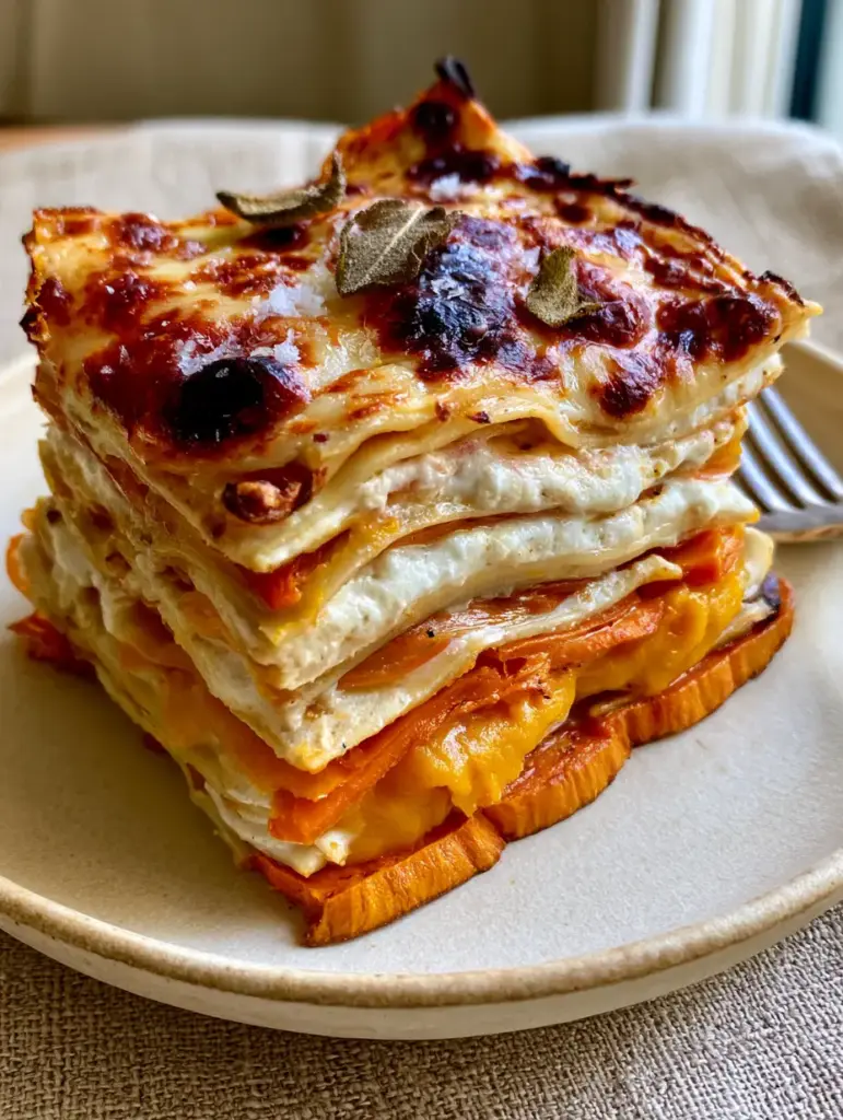 Sweet Potato Butternut Squash Carrot Lasagna with Crispy Fried Sage 1 Top view of bubbly melted mozzarella with golden charred spots and fried sage on Sweet Potato Butternut Squash Carrot Lasagna.