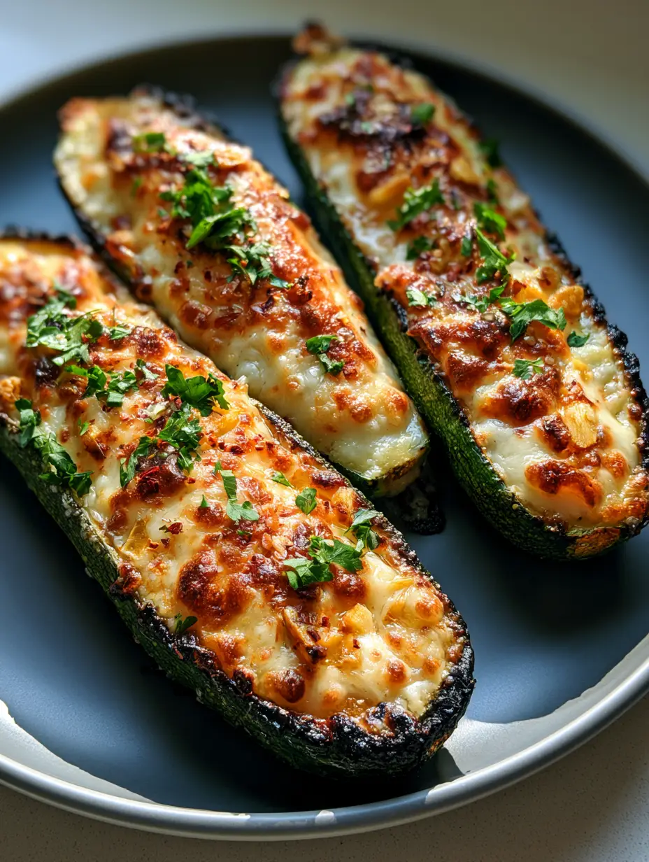 Keto Courgette Recipe: Cheesy Garlic Roasted Zucchini Boats 4 Handheld photo of roasted zucchini boats arranged diagonally on a matte plate. (Keto Courgette Recipe)
