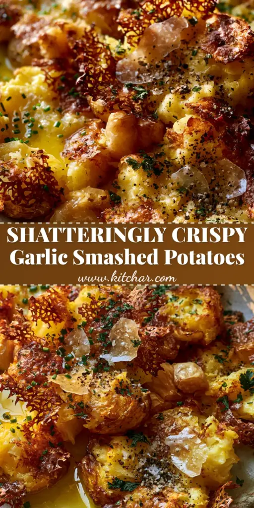 Baked Smashed Potatoes with Garlic Herb Butter and Roasted Garlic 4 A vertical extreme close-up of a pile of crispy Baked Smashed Potatoes featuring deep golden jagged edges, melted garlic butter, and fresh chives on a rustic plate.