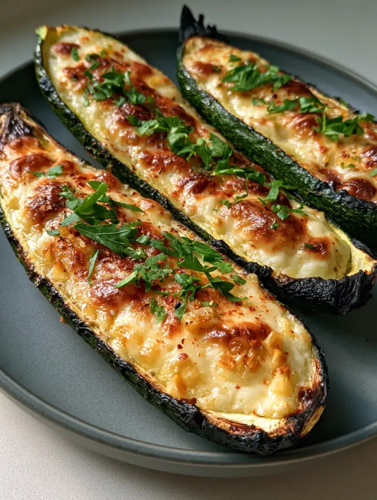 Keto Courgette Recipe: Cheesy Garlic Roasted Zucchini Boats 1 Close up of bubbling mozzarella and parmesan cheese crust with toasted garlic on zucchini.
