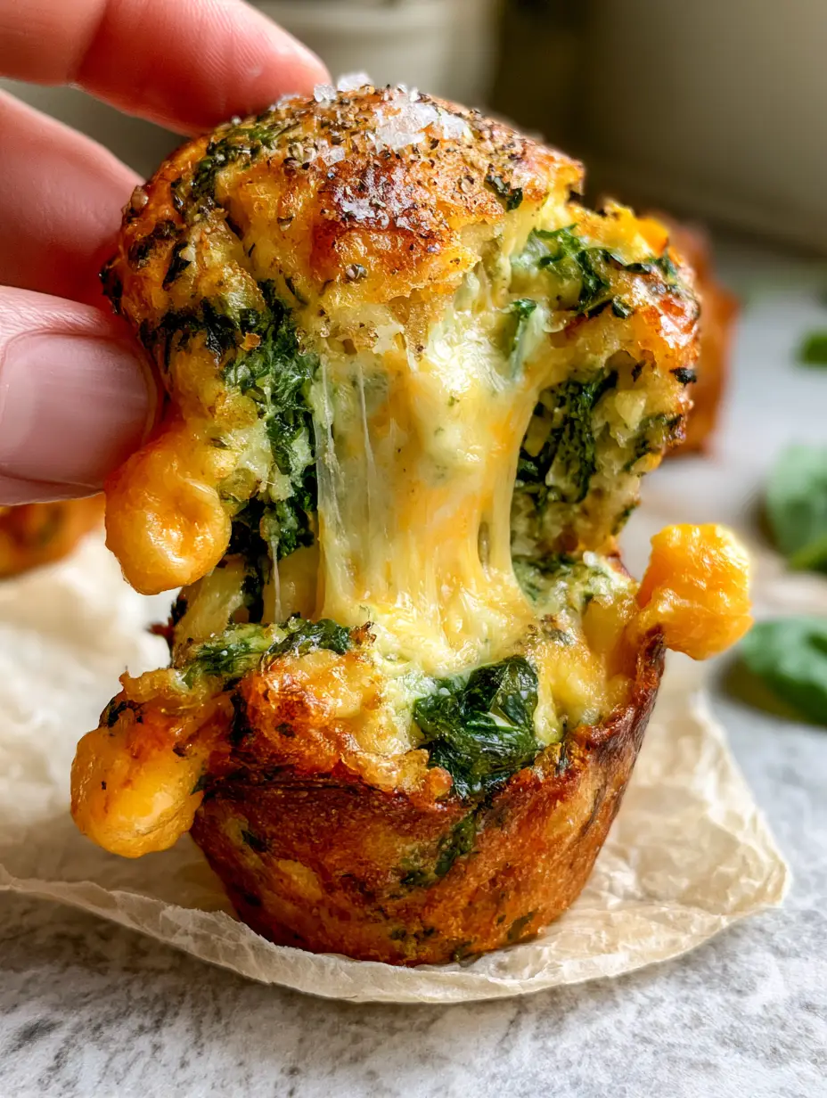Spinach and cheese muffins: The Ultimate Savory Breakfast Recipe 3 A handheld photo of a spinach and cheese muffin being pulled apart to reveal a steaming interior and a dramatic stretchy cheese pull.