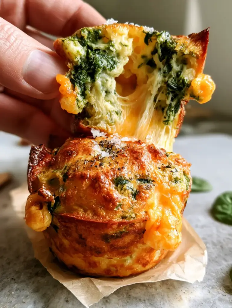 Spinach and cheese muffins: The Ultimate Savory Breakfast Recipe 1 Spinach and cheese muffins resting on a light grey stone countertop with scattered raw spinach leaves in the background.