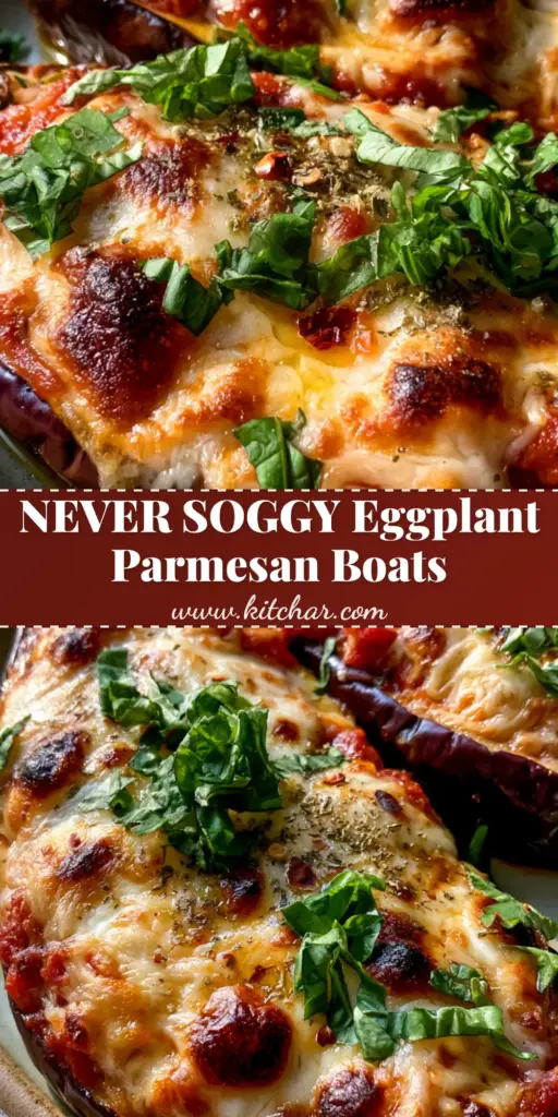 A rustic plate featuring two stuffed eggplant parmesan boats with bubbly, toasted golden-brown cheese and fresh basil chiffonade.