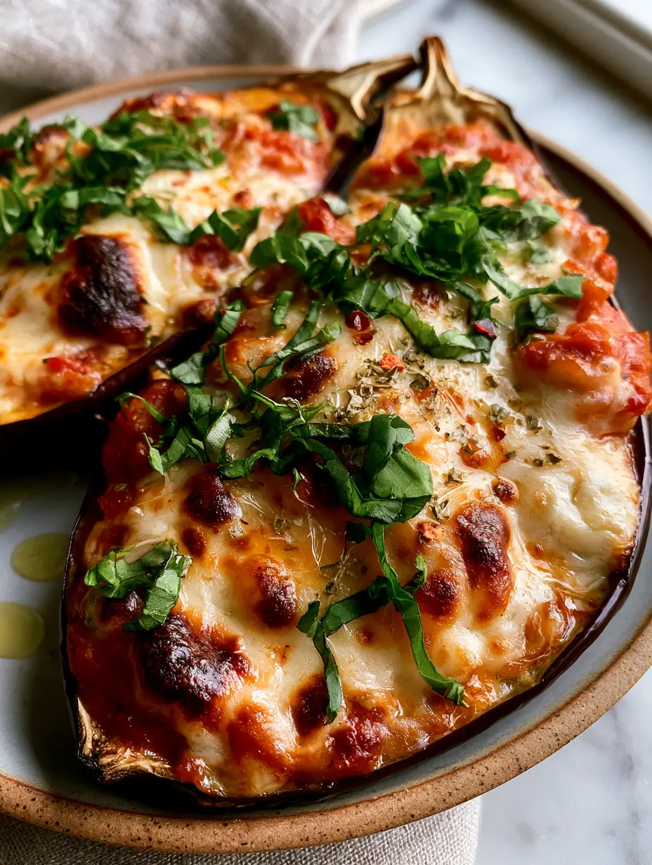 Close up of stuffed eggplant parmesan showing glossy royal purple skin and bubbling mozzarella with dark brown spots.