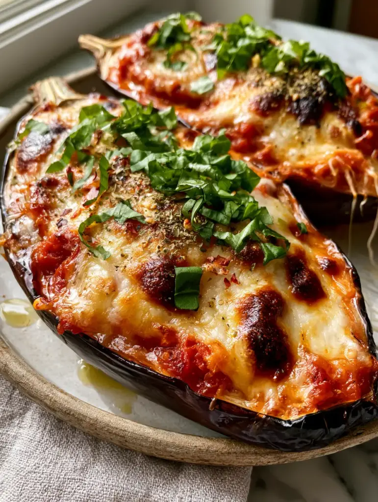 Two roasted eggplant boats on a white marble surface garnished with bright green basil and red pepper flakes.