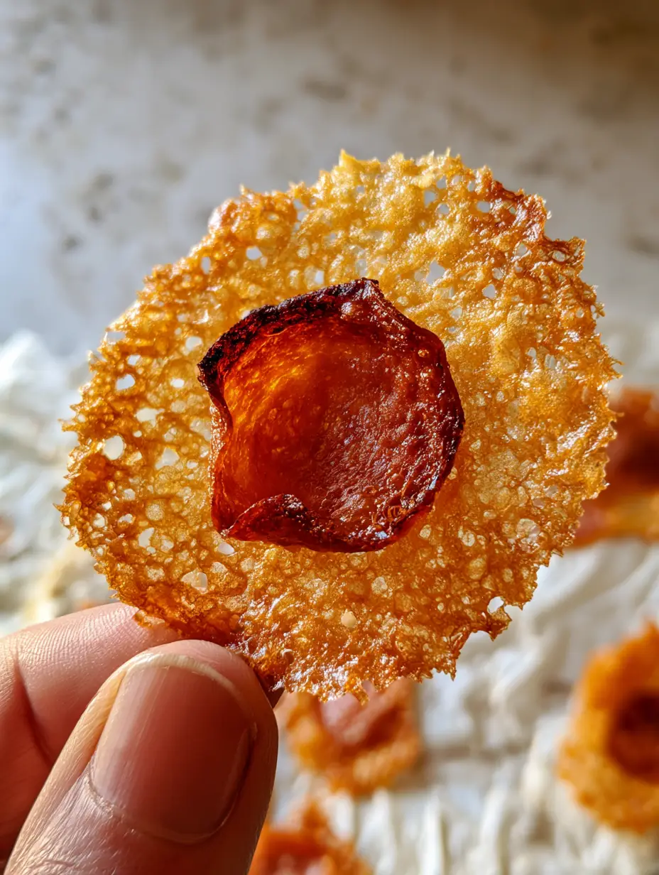 Pepperoni Cheese Crisps: The Secret to Ultra-Lacy, Two-Ingredient Keto Snacks 3 Macro photo of a single Pepperoni Cheese Crisp held between two fingers, showcasing the translucent honeycomb texture and lacy edges. (Pepperoni Cheese Crisps)