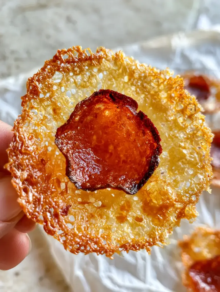 Pepperoni Cheese Crisps: The Secret to Ultra-Lacy, Two-Ingredient Keto Snacks 1 Side-lit photo of Pepperoni Cheese Crisps on a grey stone countertop, highlighting glistening savory oils and cracked black pepper flecks.