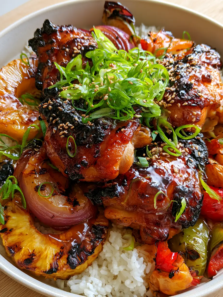 Baked Huli Huli Chicken with Caramelized Pineapple and Blistered Peppers 3 Close-up of baked huli huli chicken thighs with a sticky mahogany glaze and toasted sesame seeds.