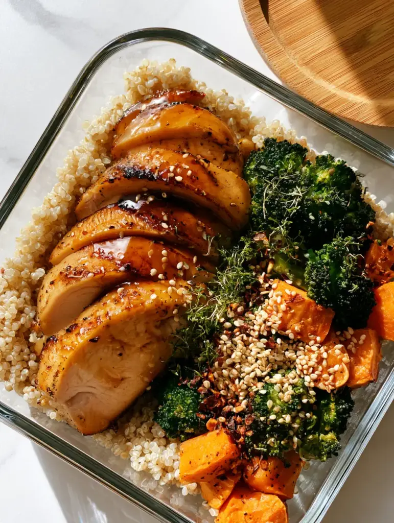 High Protein Recipes: Honey Garlic Glazed Chicken and Roasted Vegetable Quinoa Bowls 2 Succulent thick-sliced chicken breast with golden-brown edges and a shimmering glaze. (high protein recipes)