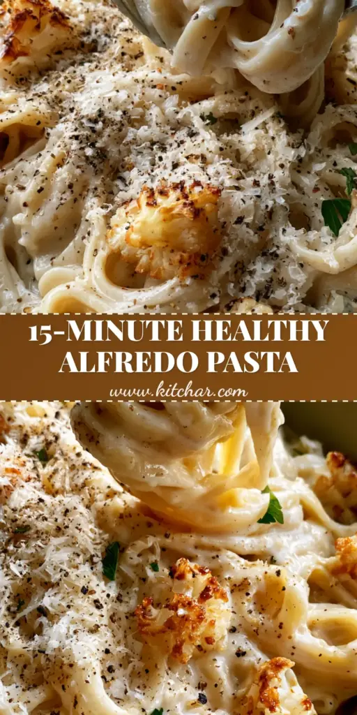 A top-down view of a bowl of cauliflower alfredo pasta with thick fettuccine, golden-roasted florets, and a heavy dusting of parmesan cheese.