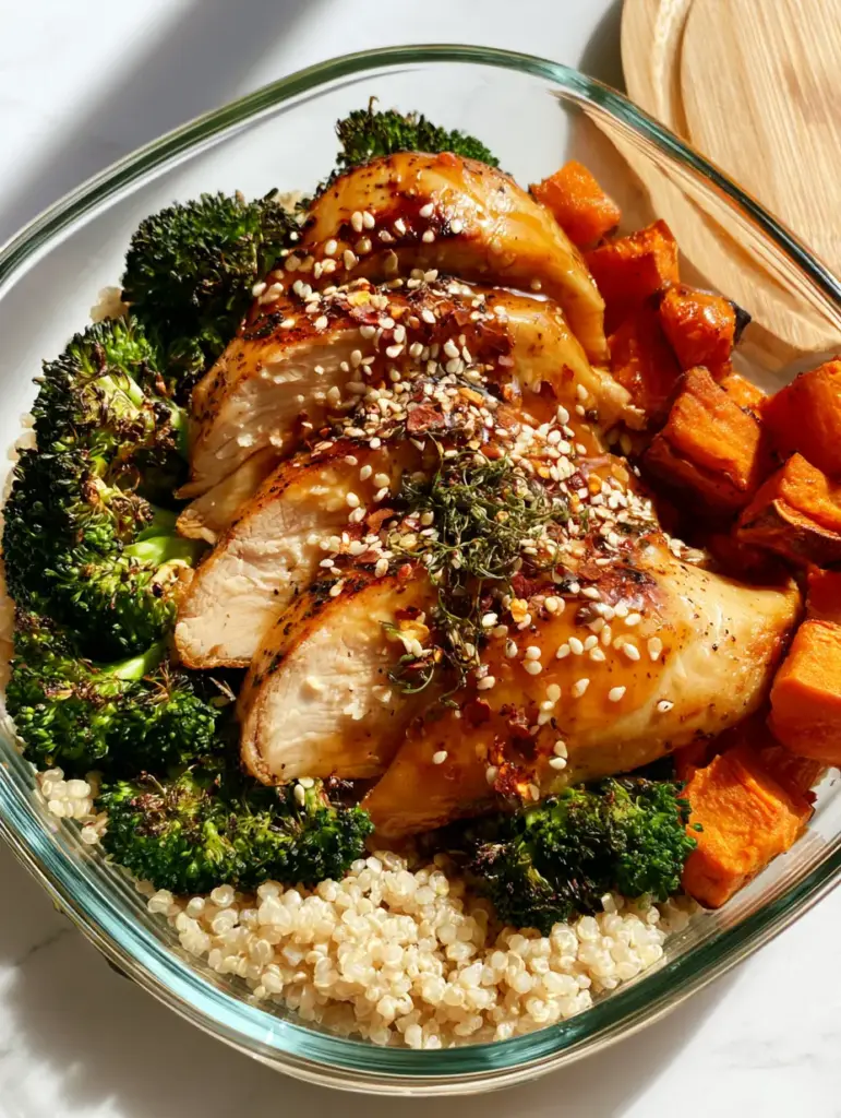High Protein Recipes: Honey Garlic Glazed Chicken and Roasted Vegetable Quinoa Bowls 1 Vibrant charred emerald broccoli and orange sweet potato cubes next to pearl quinoa.