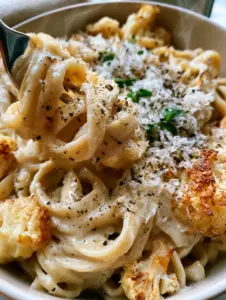 Extreme close-up of glossy cauliflower alfredo pasta showing the velvety sauce texture and coarse black pepper. (cauliflower alfredo pasta)