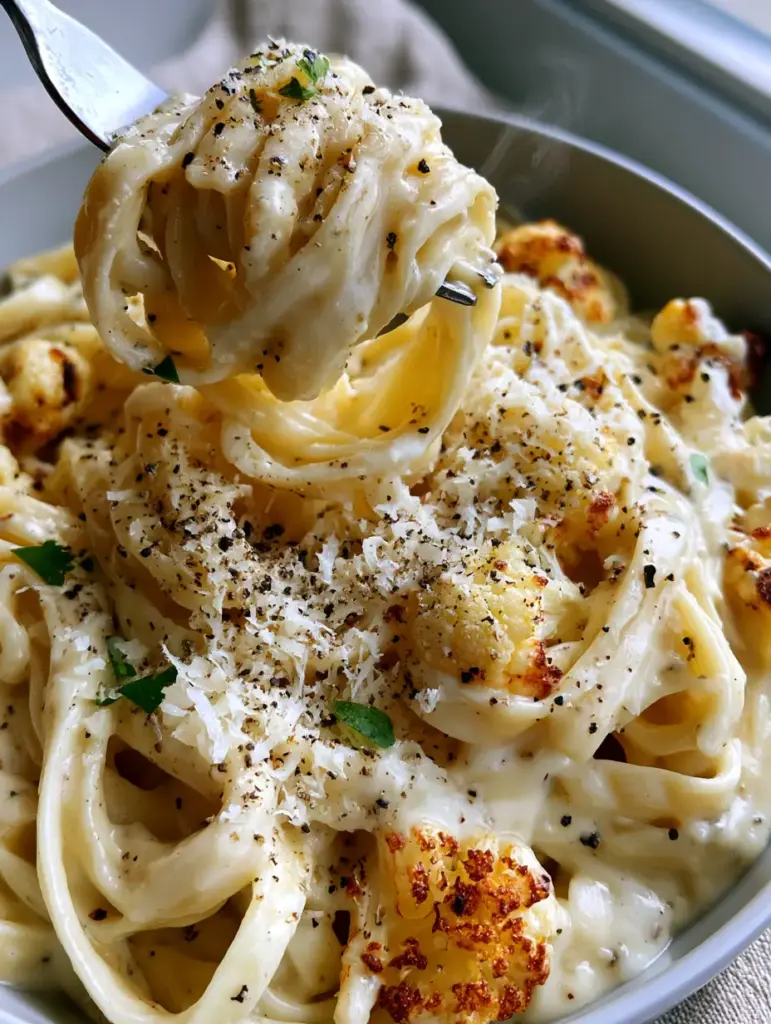 A fork lifting a swirl of fettuccine drenched in creamy white cauliflower sauce with wisps of steam. (cauliflower alfredo pasta)