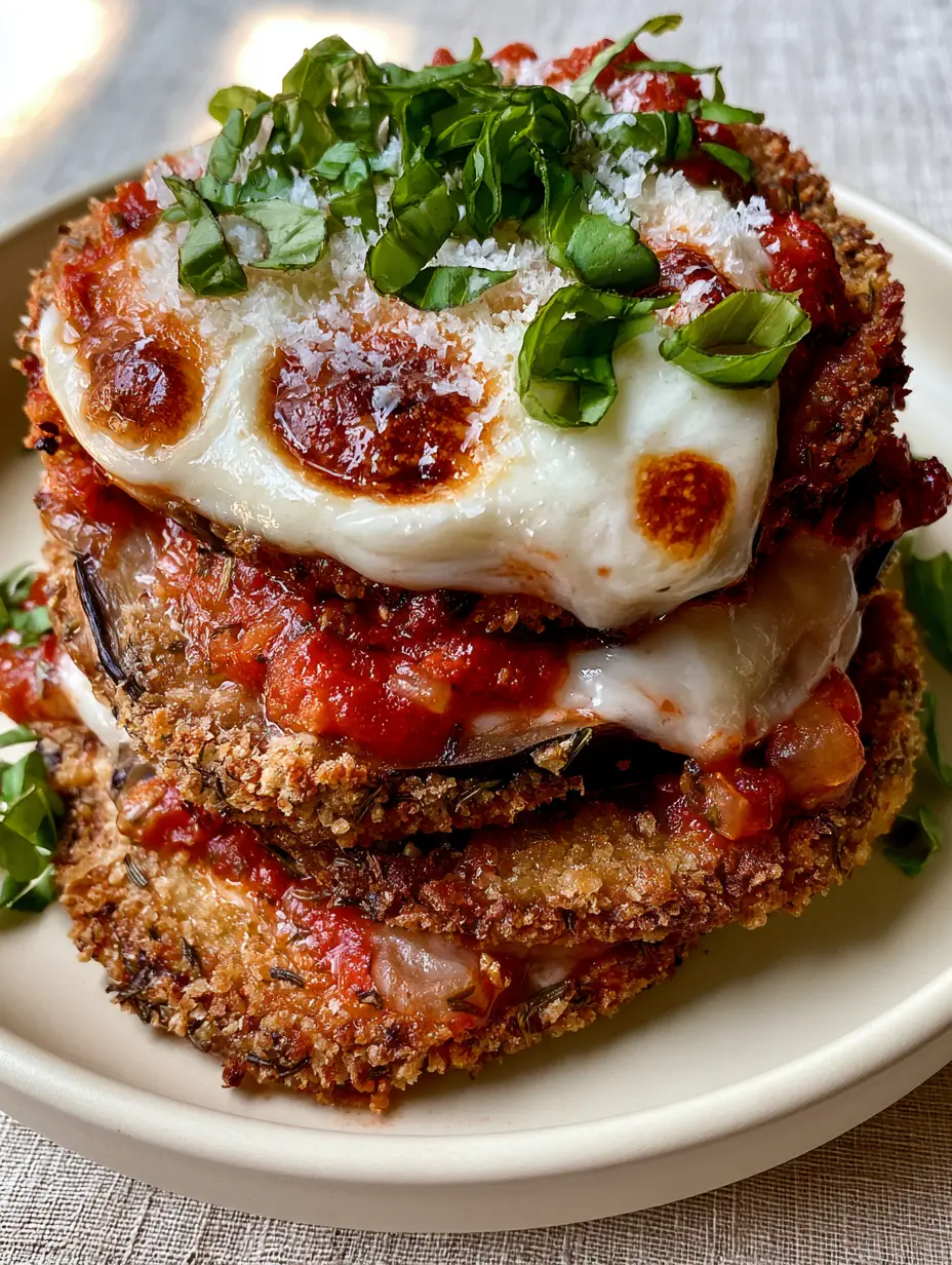 Eggplant Parm: The Ultimate Crispy Baked Italian Masterpiece 3 Close-up of golden-brown panko-breaded eggplant rounds with visible herb flecks and chunky tomato sauce. (Eggplant Parm)