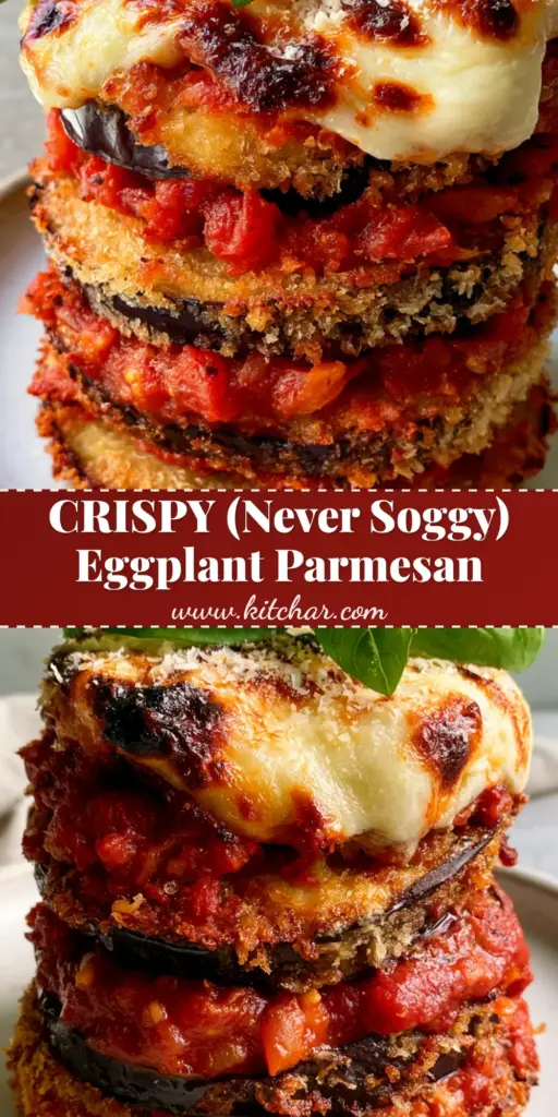 A tall, crispy stack of Oven Baked Eggplant Parmesan with thick panko crust, bubbly mozzarella, and fresh basil on a gray stone background.