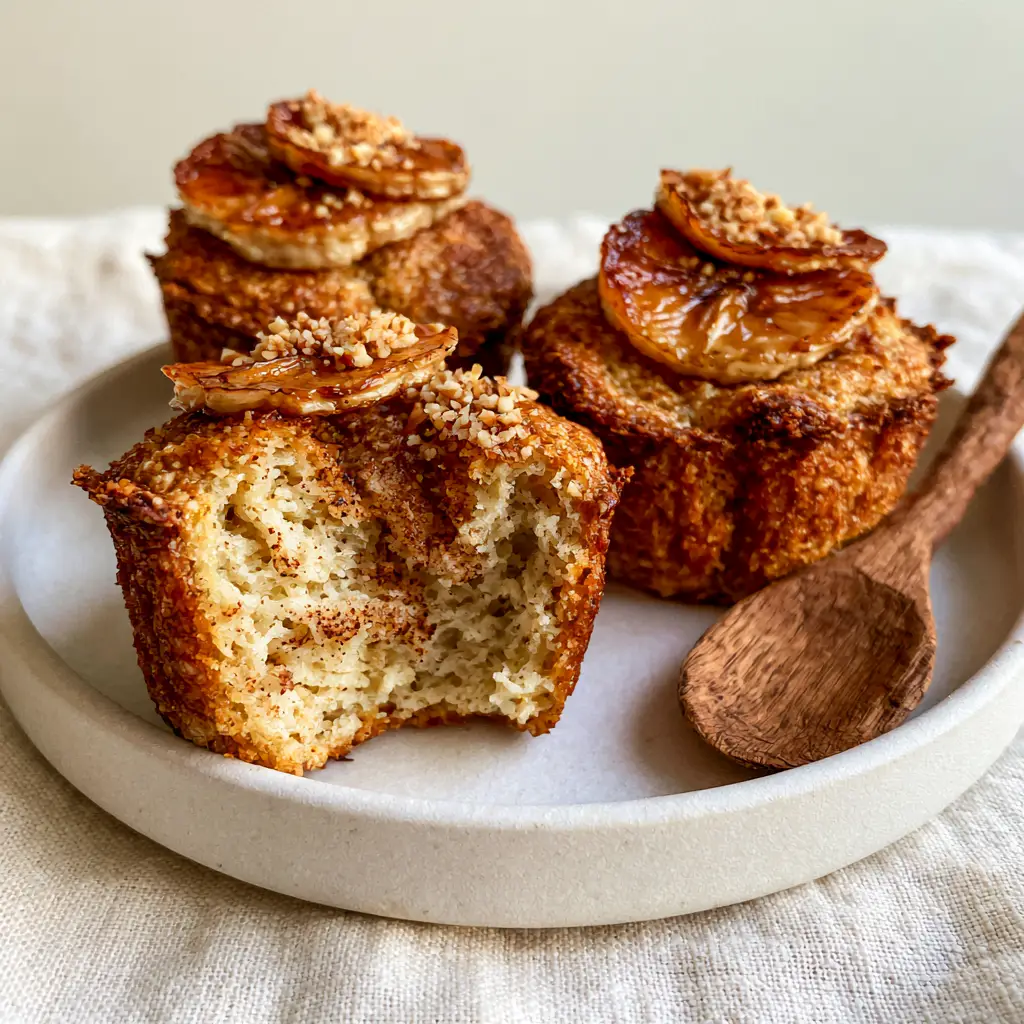 Three golden-brown paleo banana bread muffins topped with caramelized banana slices on a white plate with a rustic wooden spoon.