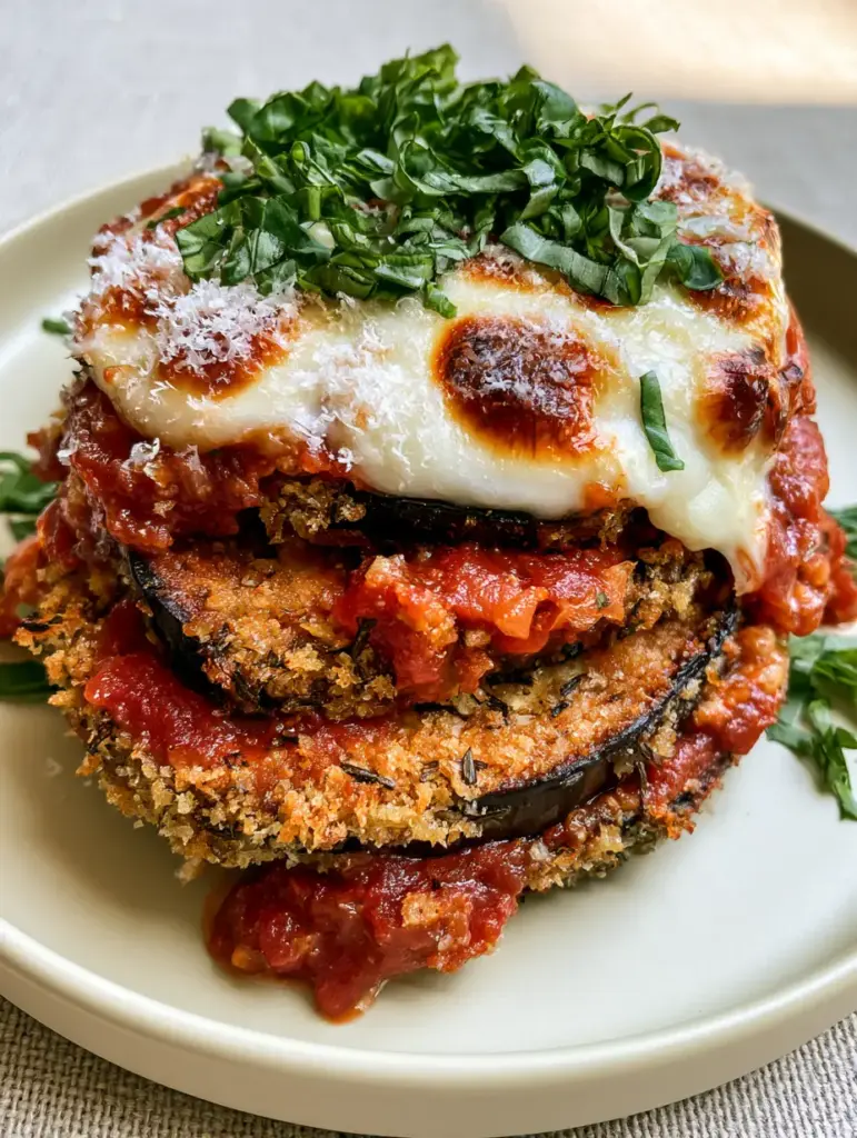 Eggplant Parm: The Ultimate Crispy Baked Italian Masterpiece 1 High-angle view of Eggplant Parm served on a matte cream ceramic plate with a neutral linen background.