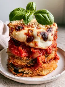 Close-up of golden-brown toasted panko-crusted eggplant slices in a firm stack. (Oven Baked Eggplant Parmesan)
