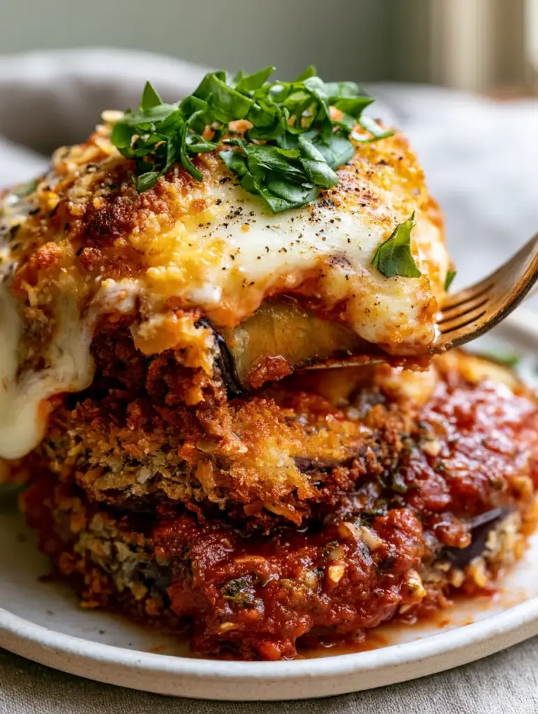 Eggplant Parmesan with an Extra Crispy Panko Crust and Chunky Marinara 1 Handheld photo of a crispy eggplant parmesan stack on a rustic white plate with steam rising. (eggplant parmesan)